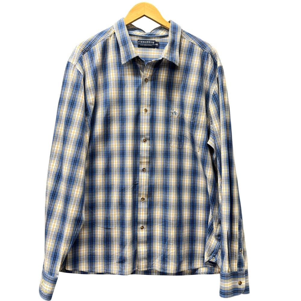 Fish Hippie Shirt Mens 2XL Blue Yellow Plaid Coastal‎ Button Up PRIMLAND LOGO